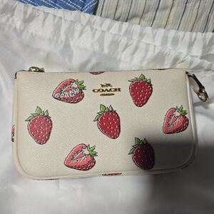 Coach White Strawberry Print Wristlet Clutch